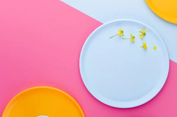 Plastikgeschirr für ein Picknick. farbige Teller auf rosa Hintergrund — Stockfoto