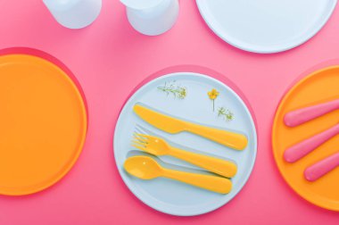 Mavi plastik tabak, çatal bıçak takımı ve gözlük. Yaz için bulaşıklar