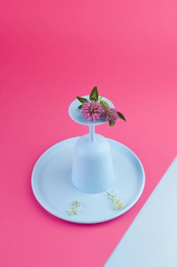 Plastik tabaklar piknik için parlak renkler. Pembe arkaplan ve b