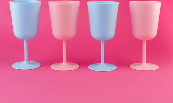 Colored plastic picnic utensils in bright colors. Glasses of blu — 스톡 사진