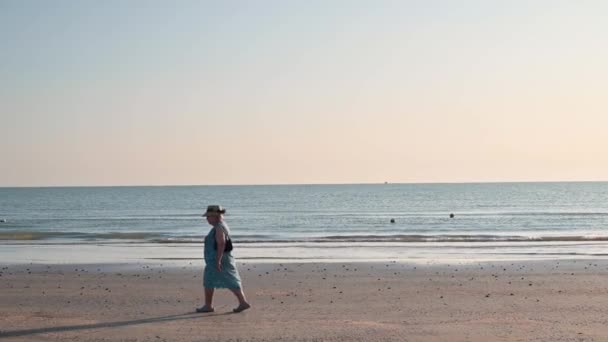 Man Walks Beach Dawn Seashore Sunlight Skyline Morning Rays Sun — Stock Video