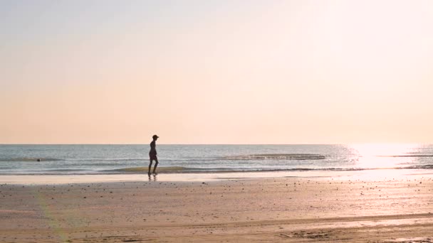 男が浜辺を歩く 海岸の夜明け太陽の光とスカイライン 太陽の朝の光線 フレーム内の選択的なフォーカス — ストック動画