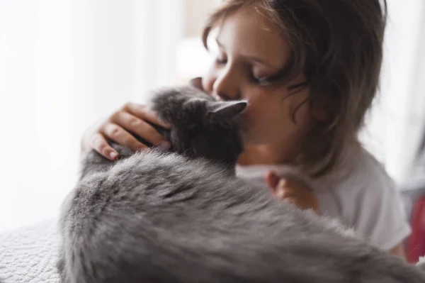 A menina beija um gato na cama do quarto. A amizade de pessoas e animais. Relações e amor para animais de estimação — Fotografia de Stock