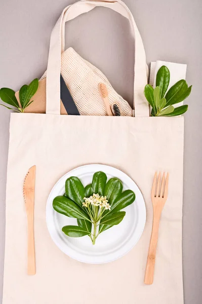Eco friendly, disposable, recyclable, compostable tableware. Toothbrush, plate, cutlery, bag made of eco materials. Carering of nature and recycling concept. Copy space. Flat lay. Top view