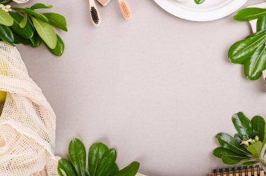 Ev ve makul tüketim için ekolojik ürünler. Sürdürülebilir yaşam tarzı. Plastiksiz konsept. Sıfır atık. Metin ve çerçeve için boş alan.