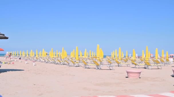 노란 우산이 있는 도시 해변. 이탈리아의 여름 리미니에 있는 샌디 프로 메이드입니다. 바다를 통한 관광과 오락의 개념. — 비디오