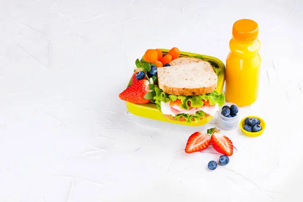 Caja con almuerzo escolar y una botella de jugo. Sandwich con queso y ensalada, bayas frescas para la comida infantil. Fondo claro y espacio para texto. Copiar espacio —  Fotos de Stock