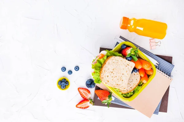 Caja con almuerzo escolar y una botella de jugo. Sandwich con queso y ensalada, bayas frescas para la comida infantil. Fondo claro y espacio para texto. Copiar espacio —  Fotos de Stock