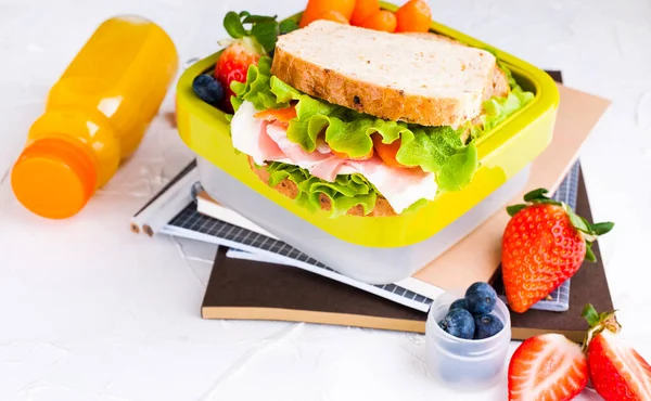 Caja con almuerzo escolar y una botella de jugo. Sandwich con queso y ensalada, bayas frescas para la comida infantil. Fondo claro y espacio para texto. Copiar espacio —  Fotos de Stock