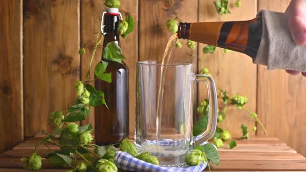 Een biertje. Cold Craft light Bier in een glas met waterdruppels. Bier close-up — Stockvideo
