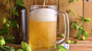 - Bira. Su damlalarıyla dolu bir bardakta soğuk bira. Yarım litre bira. Yakın çekim.