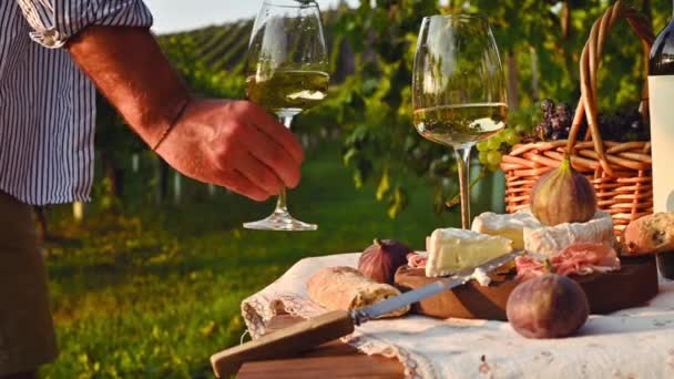 Красиві люди проводять романтичний обід з великою кількістю смачної їжі і вина, сидячи разом на пікніку ковдру на винограднику в сонячний день — стокове відео