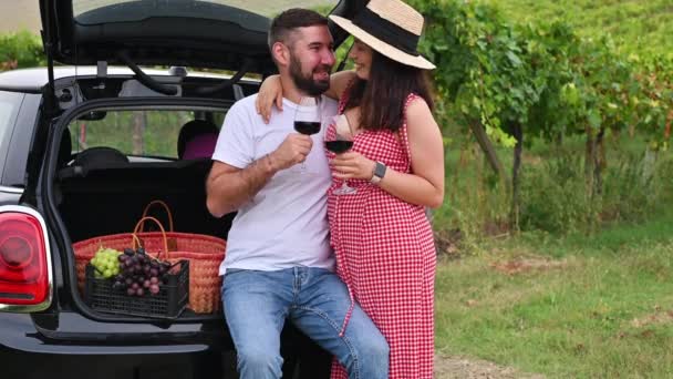 Familie mit Kind in der Nähe des Autos beim Picknick in den Weinbergen. Glückliche Menschen halten Weingläser in der Hand. Picknick im Gepäckwagen. — Stockvideo