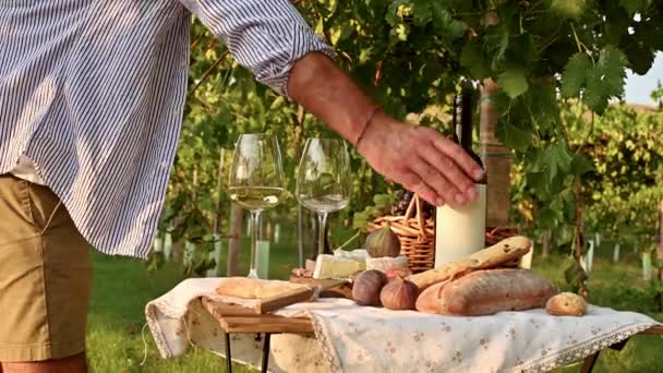 Beautiful people having romantic lunch with lots of tasty food and wine, sitting together on the picnic blanket at the vineyard on a sunny day — Stock Video