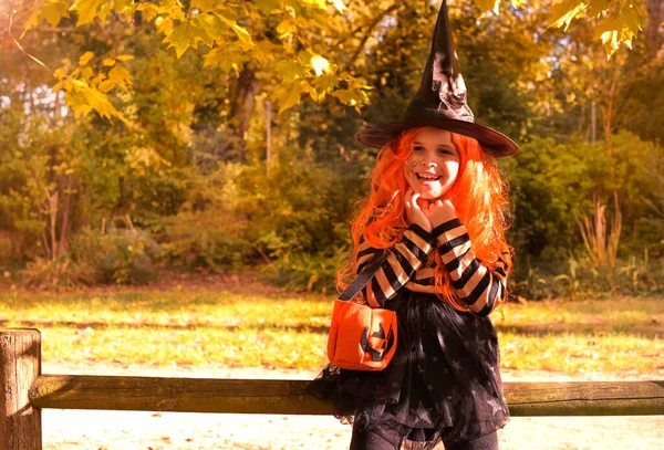 Feliz Halloween. Niña vestida de bruja, sosteniendo una canasta de dulces. Niño en el parque de otoño. Suave cambio de enfoque en el tema principal. Deslumbramiento del sol en el marco —  Fotos de Stock