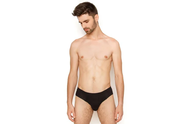 Stripped Strong Face Guy Black Underwear White Background Studio Isolated — Stock Photo, Image