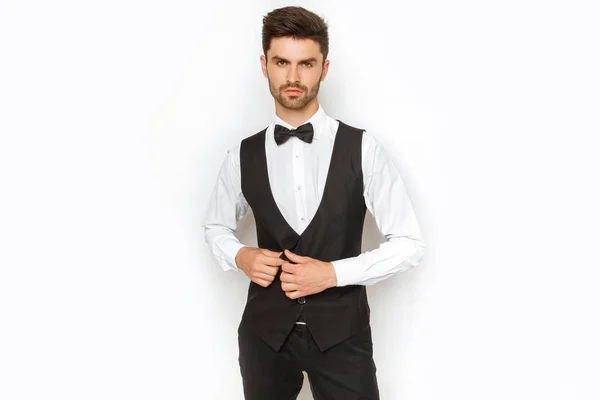 Strong Commercial Male Model Face Tuxedo White Background Studio Isolaed — Stock Photo, Image