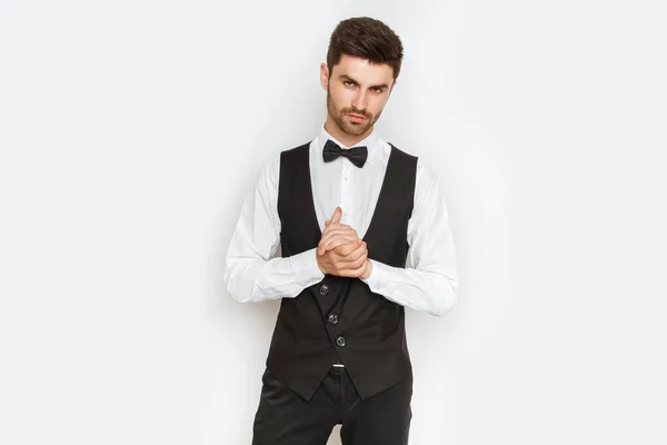 Strong Commercial Male Model Face Tuxedo White Background Studio Isolaed — Stock Photo, Image