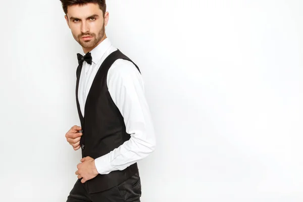 Strong Commercial Male Model Face Tuxedo White Background Studio Isolaed — Stock Photo, Image