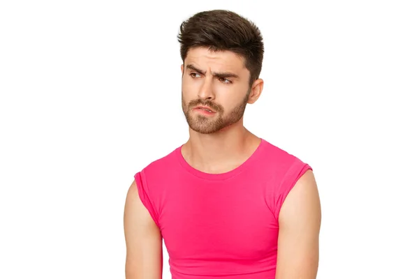 Grappige Emotionele Sexy Mannelijk Model Een Roze Shirt Witte Achtergrond — Stockfoto