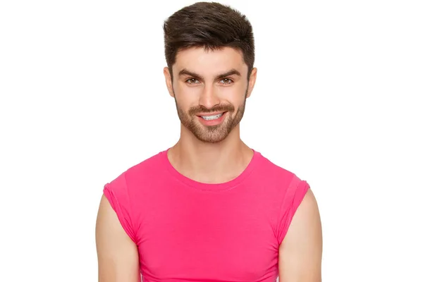 Legrační Emocionální Sexy Mužský Model Růžové Triko Bílém Pozadí Studio — Stock fotografie