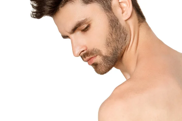 Stripped strong face guy in black underwear on white background in studio isolated — Stock Image Stripped Strong Face Guy Black Underwear White Background Studio Isolated Stock Photo
