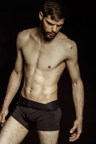 Mięśnie Silny Brodaty Twarz Piękny Stripped Mężczyzna Model Czarny Bielizna — Zdjęcie stockowe