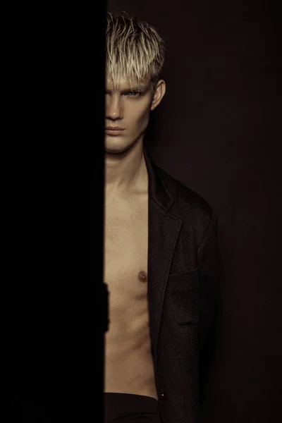 Handsome Stripped Blonde Male Model Wearing Black Suit Black Isolated — Stock Photo, Image