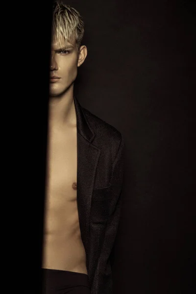 Handsome Stripped Blonde Male Model Wearing Black Suit Black Isolated — Stock Photo, Image