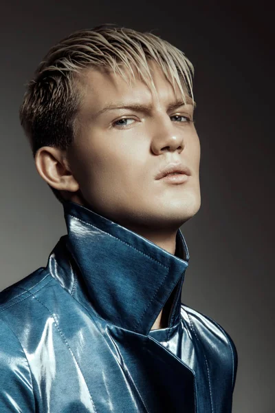 Handsome Stripped Blonde Male Model Wearing Blue Coat Grey Isolated — Stock Photo, Image