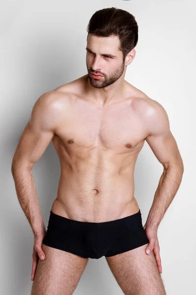 Strong Stripped Muscle Male Model Black Underwear White Isolated Font — Stock Photo, Image