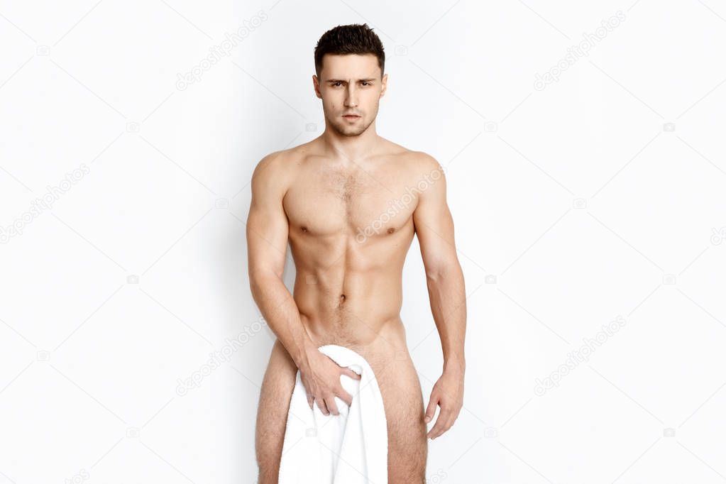Sexy strong face sport muscle guy with white towel on white isolated font background