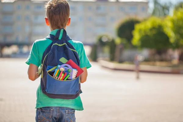 Schoolboy Full Backpack School Back View — Stock Photo, Image
