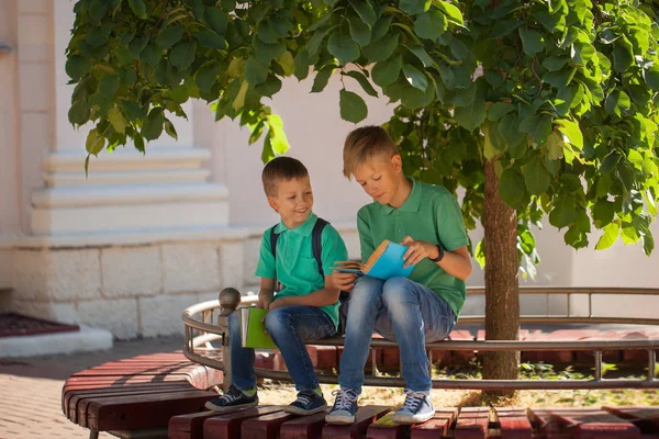 Dwie Szkoły Dzieci Siedzą Pod Drzewem Czytać Książki Słoneczny Letni — Zdjęcie stockowe