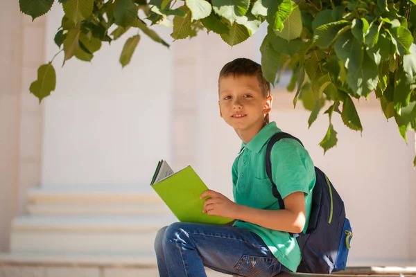 Schattig Schooljongen Zittend Onder Een Boom Lezen Boek Een Zonnige — Stockfoto