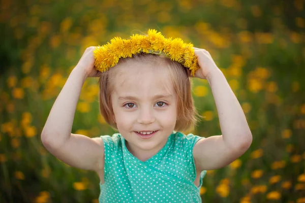 Başında bir alanda bir yaz gününde çiçek çelenk ile neşeli kız