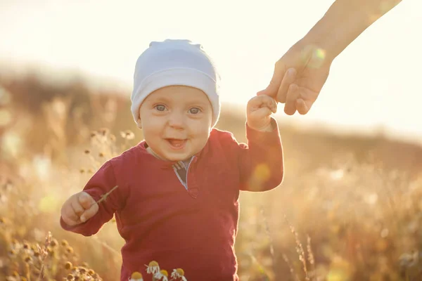 Szczęśliwy Mały Chłopiec Dziecko Siedzi Uśmiecha Się Łące Charakter Słoneczny — Zdjęcie stockowe