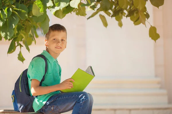 Sevimli Öğrenci Bir Ağaç Okuma Kitap Altında Oturan Bir Güneşli — Stok fotoğraf