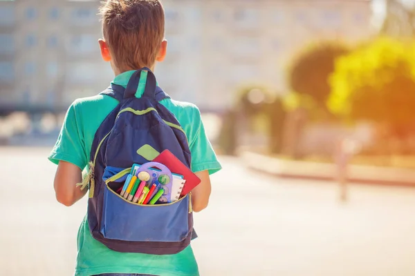 Back School Concept Schoolboy Full Backpack School Back View — Stock Photo, Image