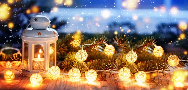 Lanterna Candela Natale Sfondo Natale Capodanno Banner — Foto Stock