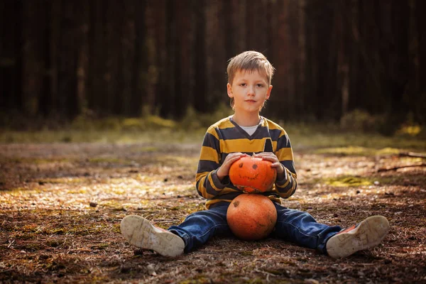 Happy Cute Little Kid Boy Halloween Pumpkin Autumn Dark Forest — Stock Photo, Image