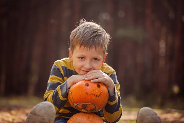 Happy Cute Little Kid Boy Halloween Pumpkin Autumn Dark Forest — Stock Photo, Image