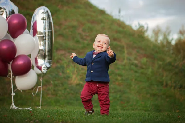 Handsome Smile Portrait Baby Year Old Cute Boy Grass Birthday — Stock Photo, Image