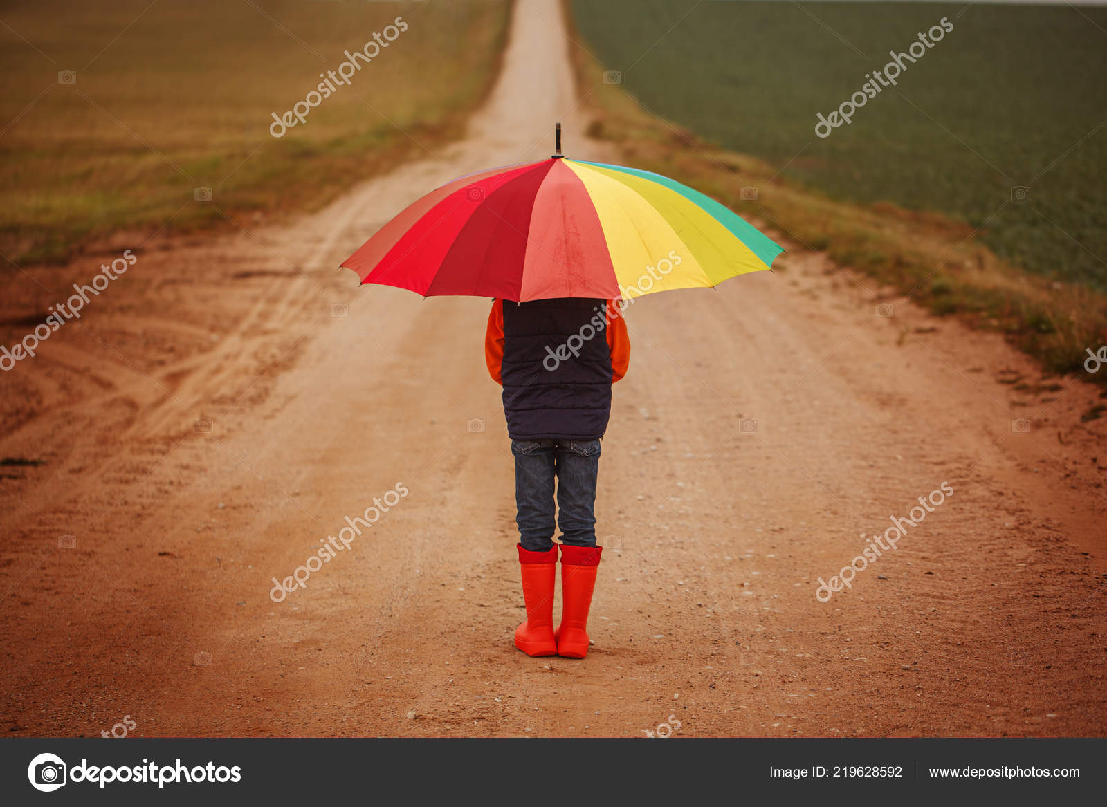 Child Orange Rubber Boots Holding Colorful Umbrella Rain Autumn