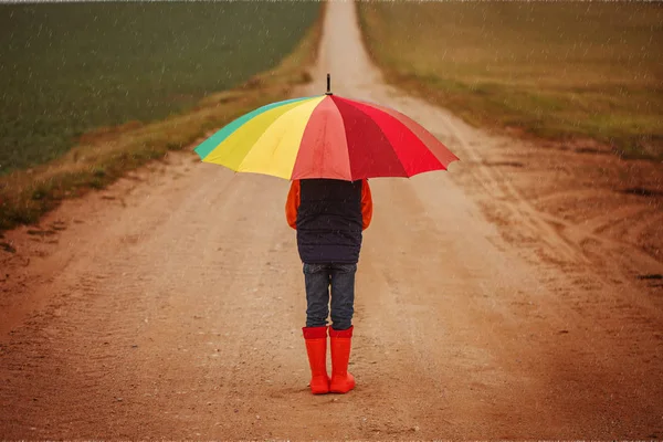 Child Orange Rubber Boots Holding Colorful Umbrella Rain Autumn Back — Stock Photo, Image