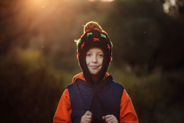 Smiling Little Boy Warm Hat Sunny Autumn Day — Stock Photo, Image