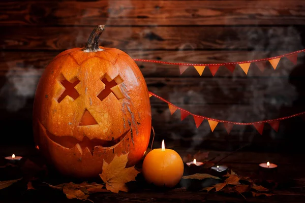 Halloween Tök Sötét Fából Készült Háttér — Stock Fotó