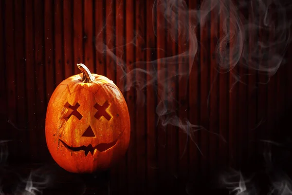 Halloween Tök Sötét Fából Készült Háttér — Stock Fotó