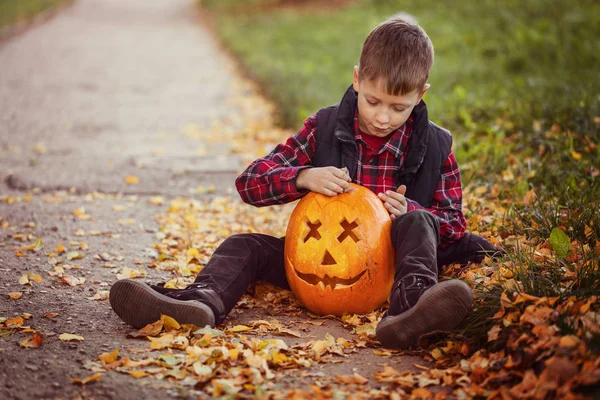 Boldog Aranyos Kis Kölyök Fiú Őszi Parkban Halloween Tök — Stock Fotó