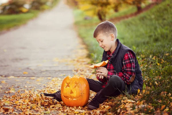 Boldog Aranyos Kis Kölyök Fiú Őszi Parkban Halloween Tök — Stock Fotó